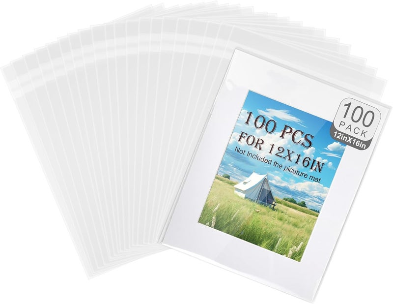 Phiocxem 100PCS Acid-Free Crystal Clear Plastic Bags for 12x16 Art Prints/Photos/Framing Mat Mattes/Pictures,12 2/5” X 16 8/11” OPP Sleeves Storage Bags (Bag Size: 12 2/5” X 16 8/11”) - Image 1